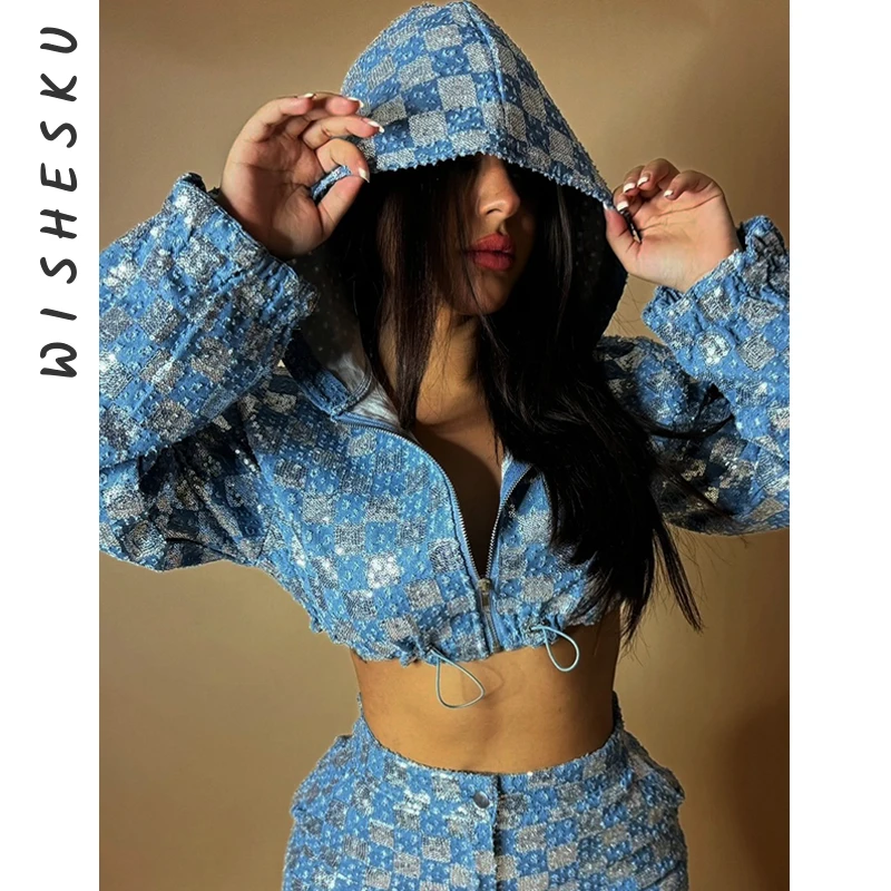 Sexy Plaid Sequined Glitter Cropped Jackets Women Long Sleeve Drawstring Casual Hooded Coats 2024 Spring Fall Y2K Clothes