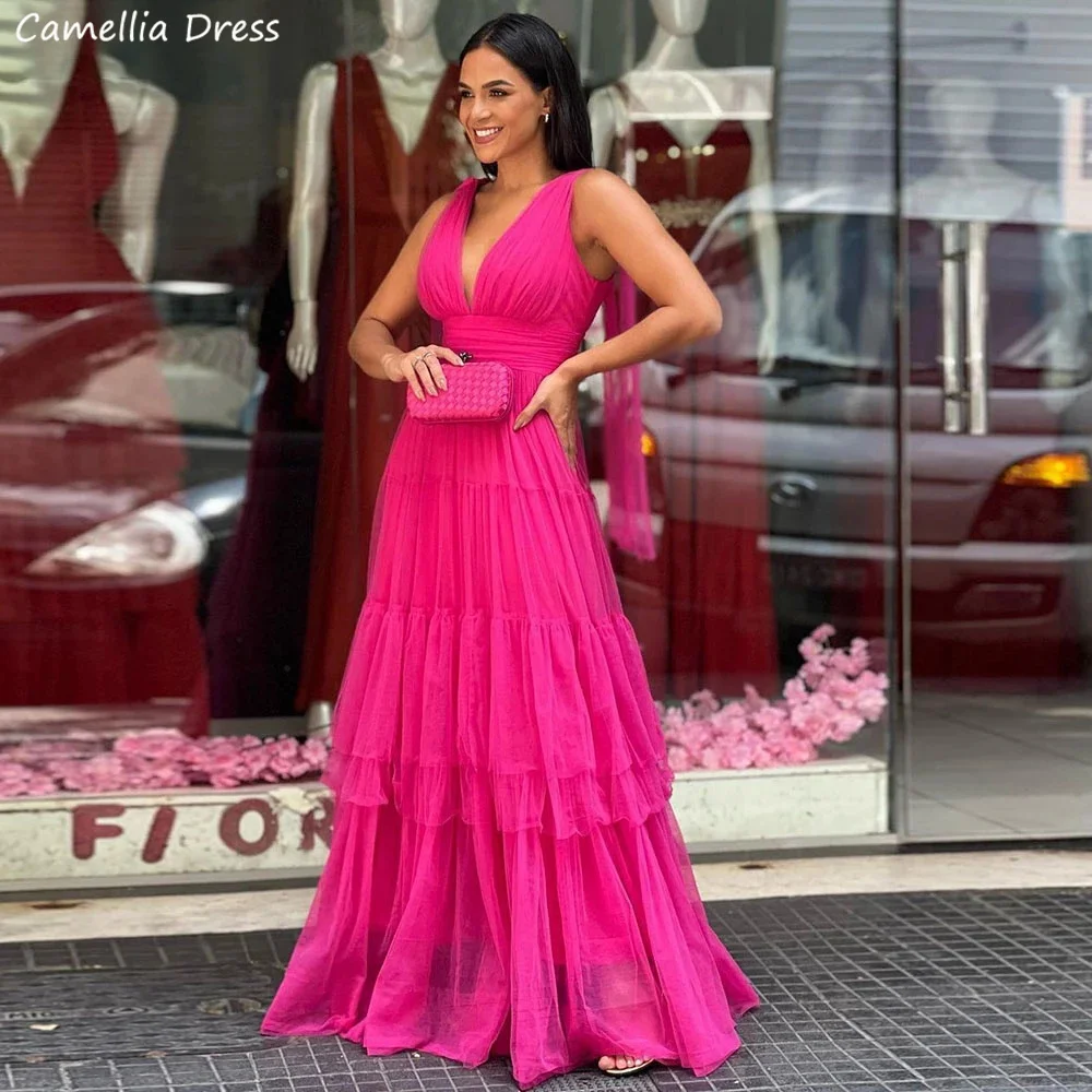 Vestidos De tul rojo en capas para baile De graduación, Vestidos De noche con cuello en V, vestido De Fiesta personalizado De talla grande