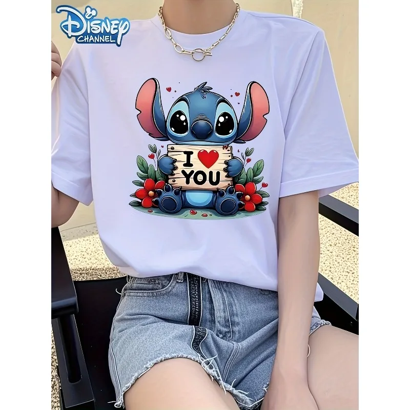 

Disney Stitch "I Love You" Graphic Women's T-shirt in Black and White Optional Casual Round Neck Top with Floral Pattern T-shirt