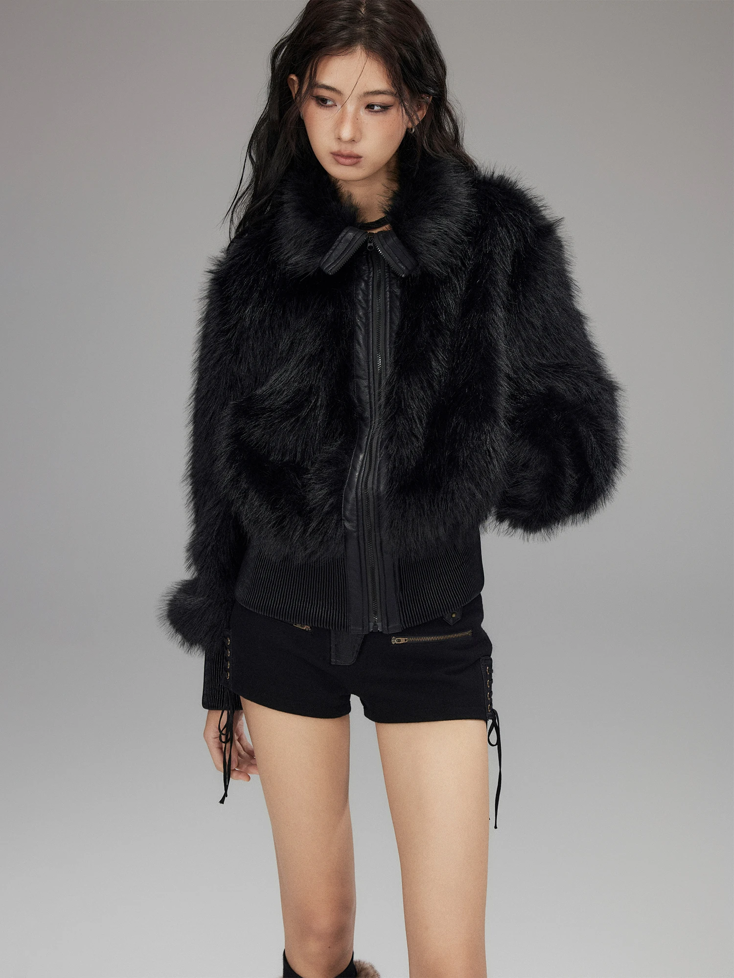 Low Pixel Black Patchwork Collar Fluffy Short Coat Long Sleeve Loose Warm Shape Women's Fashion Winter Outerwear