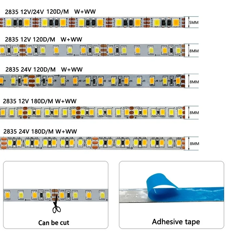 High Brightness 5M CCT 2700k-6500k Dimmable 12V 24V 5mm 8mm 10mm SMD2835 2835 SMD CCT Led Strip Light