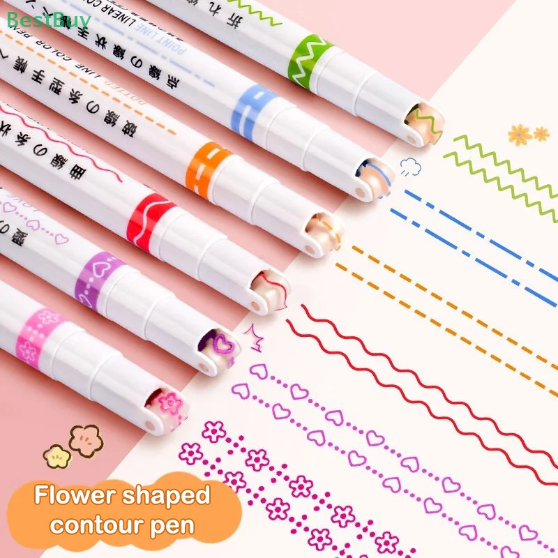 6Pcs Magic Border Pen With 6 Different Curve Shapes Fine TipsHighlighter Pen Set For Writing Christmas Card, Drawing, Notting