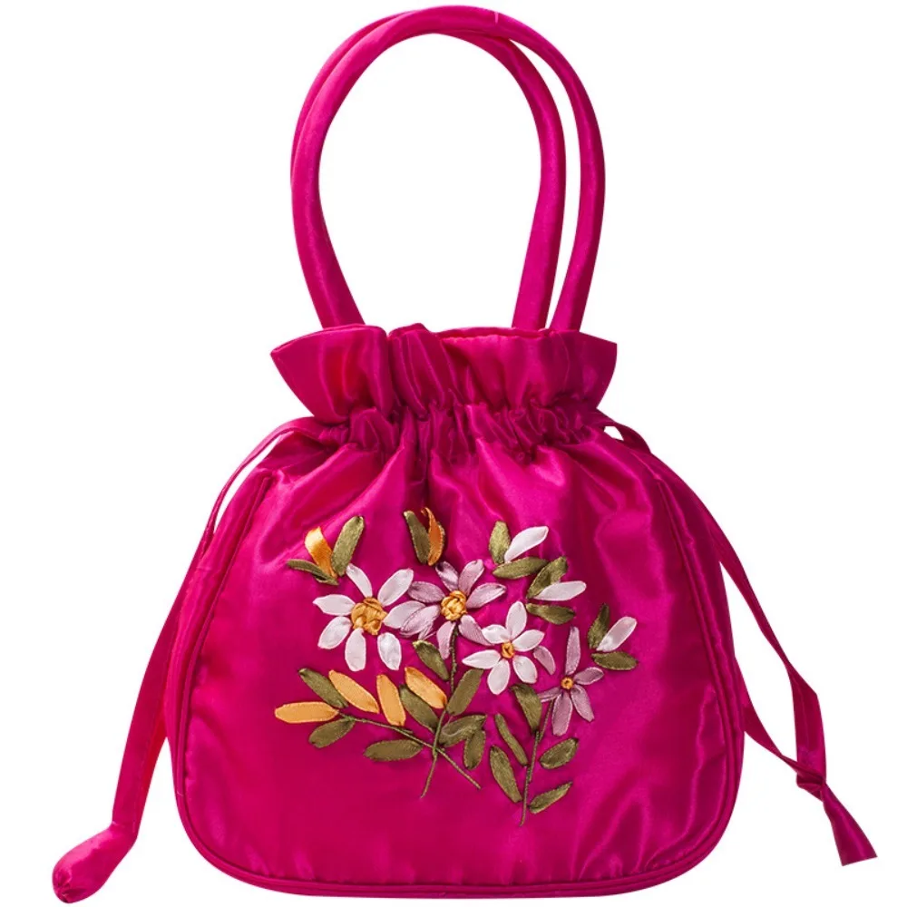 Top Handle Small Women Bucket Bag Handmade Embroidery Dacron Top Handle Ladies Handbag Mini