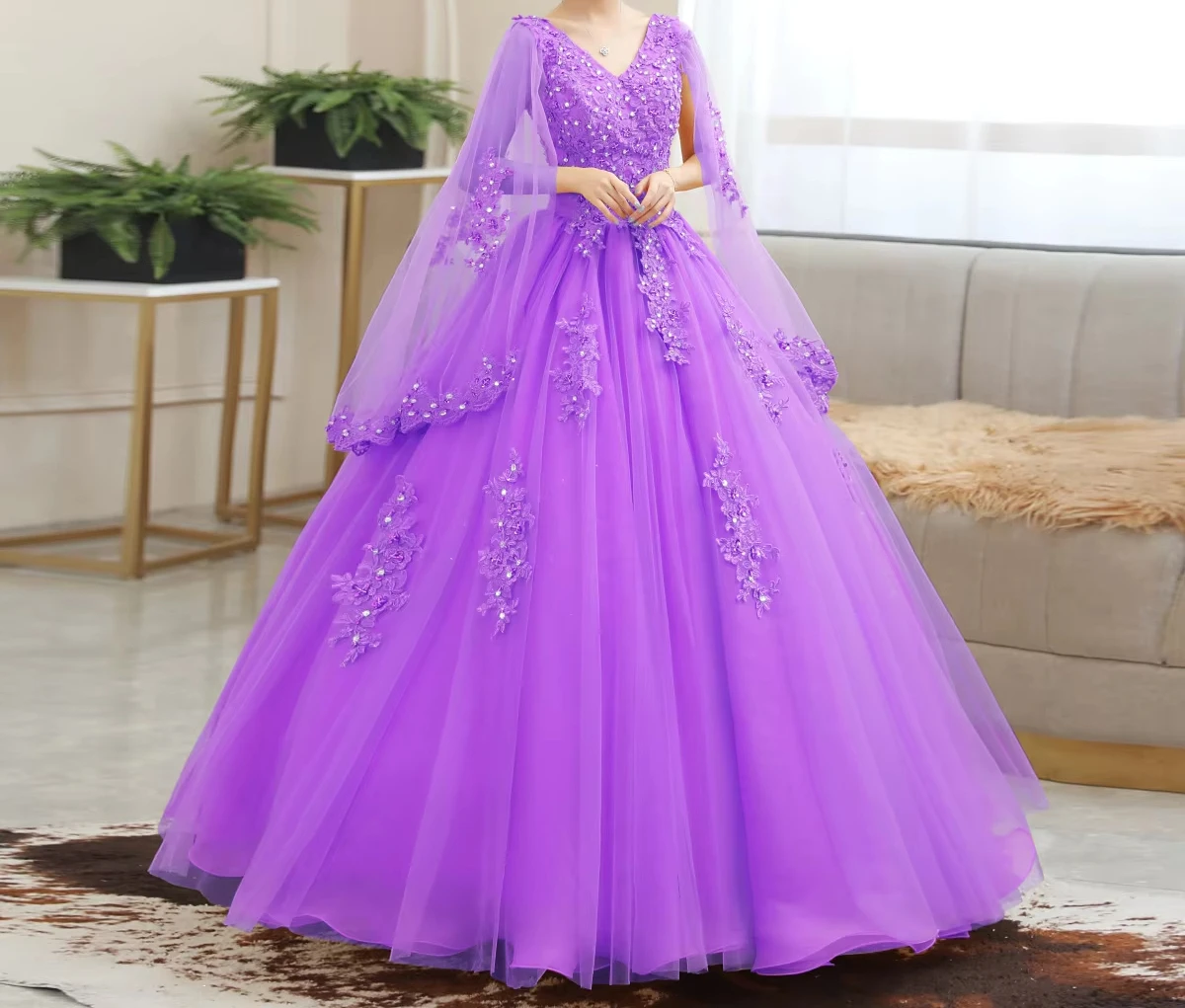 Customized Glamorous V-Neck Yellow Ball Gown Wedding Dress with Cape Sleeves Gold Floral Appliques Bridal Reception Elopement