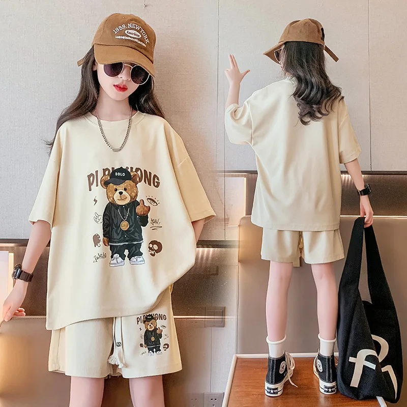 Summer Girls Cotton Cartoon Print T-Shirt Tops+Drawstring Shorts Sets School Kids 2PCS Tracksuit Children Jogging Outfits 7-16Yr