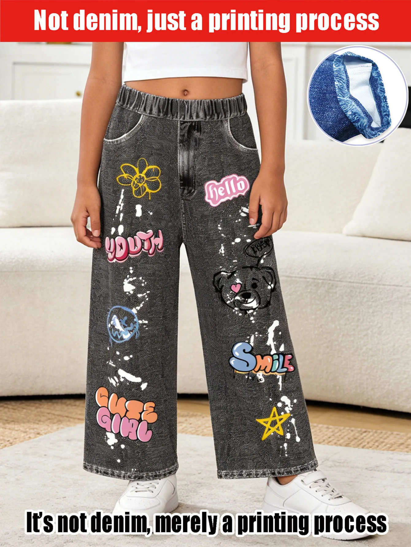 

2026 детские джинсовые брюки с принтом граффити и медведем, черные, серые