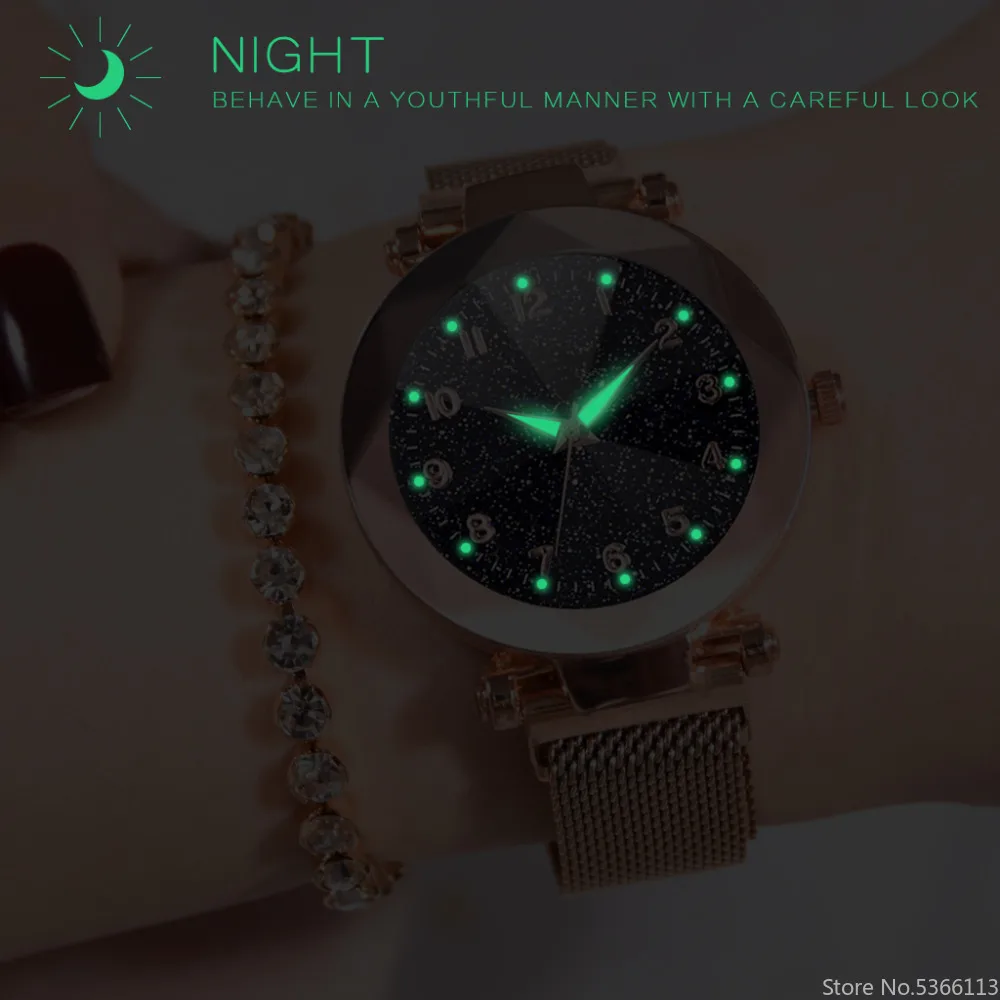 Fashion Starry Sky Watches Women Luminous Hands Black Mesh Band Quartz Wristwatches Ladies Magnet Watches Relogio Feminino