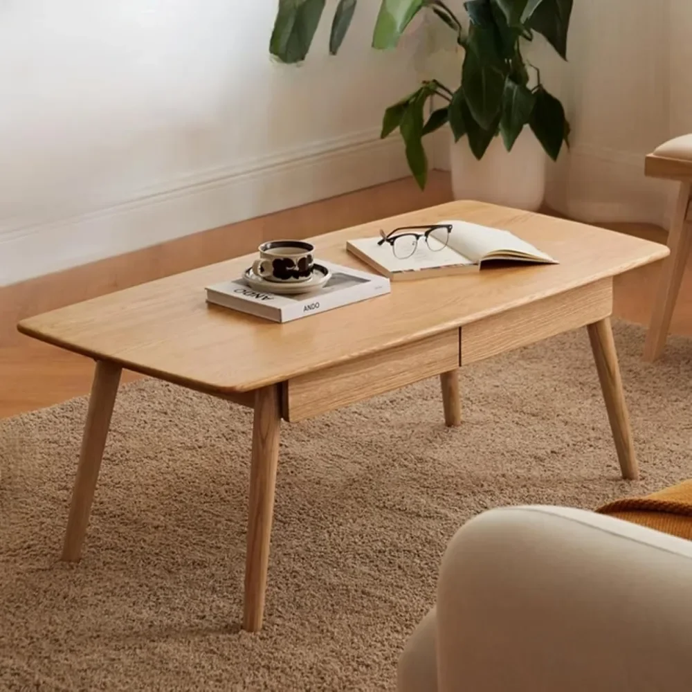 

Журнальный столик из массива дуба с местом для хранения вещей, современный, минималистичный для гостиной середины века - 2 ящика, прямоугольный центральный кофейный столик