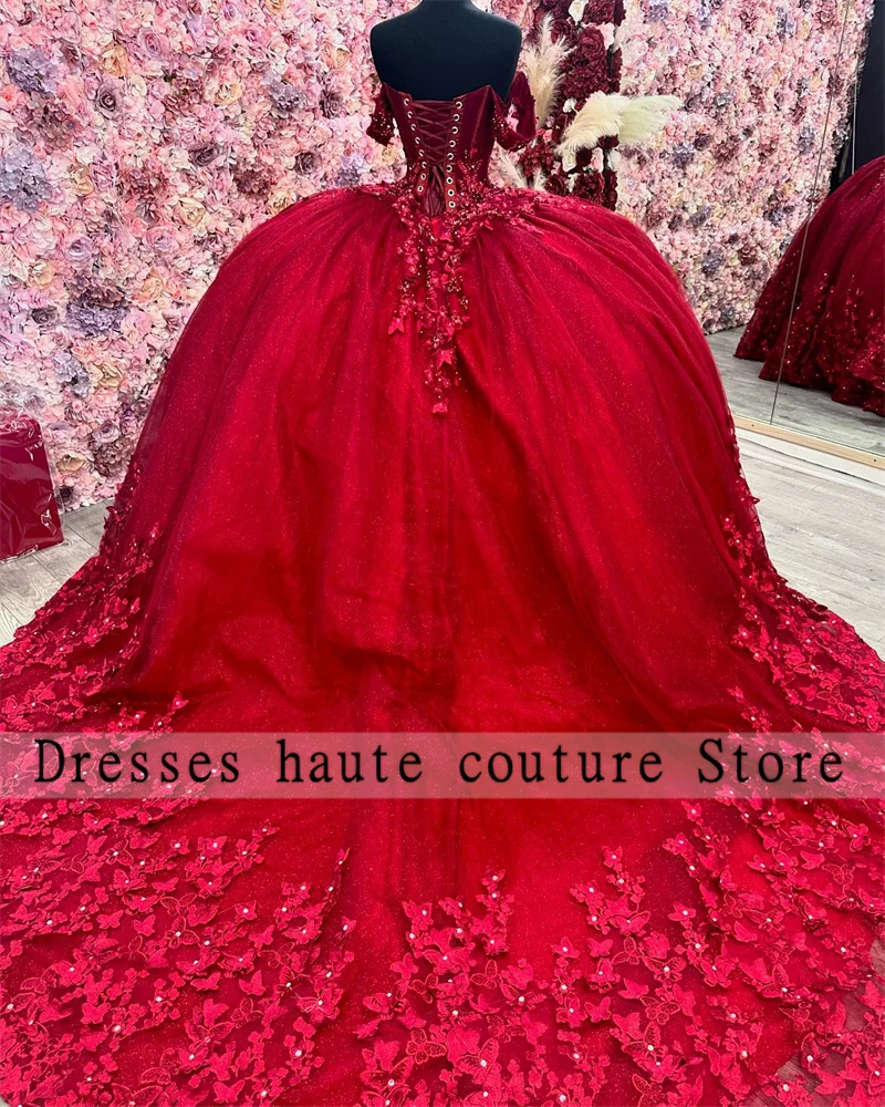 Luxe Bordeauxrode Tule Quinceanera Jurk 2024 Kralen Vlinder Appliqueert Kristallen Verjaardagsfeestje Sweet 16 Jurk Rode Wijn Bal Jurk