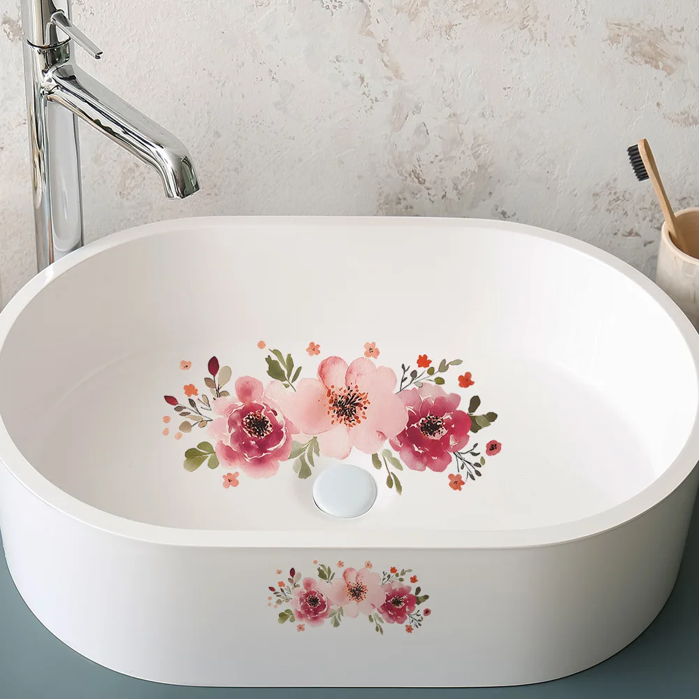 A Refreshing Watercolor Floral Sink Sticker for Kitchen And Bathroom Decor. Self-Adhesive, And Oil-Resistant Wall Decoration