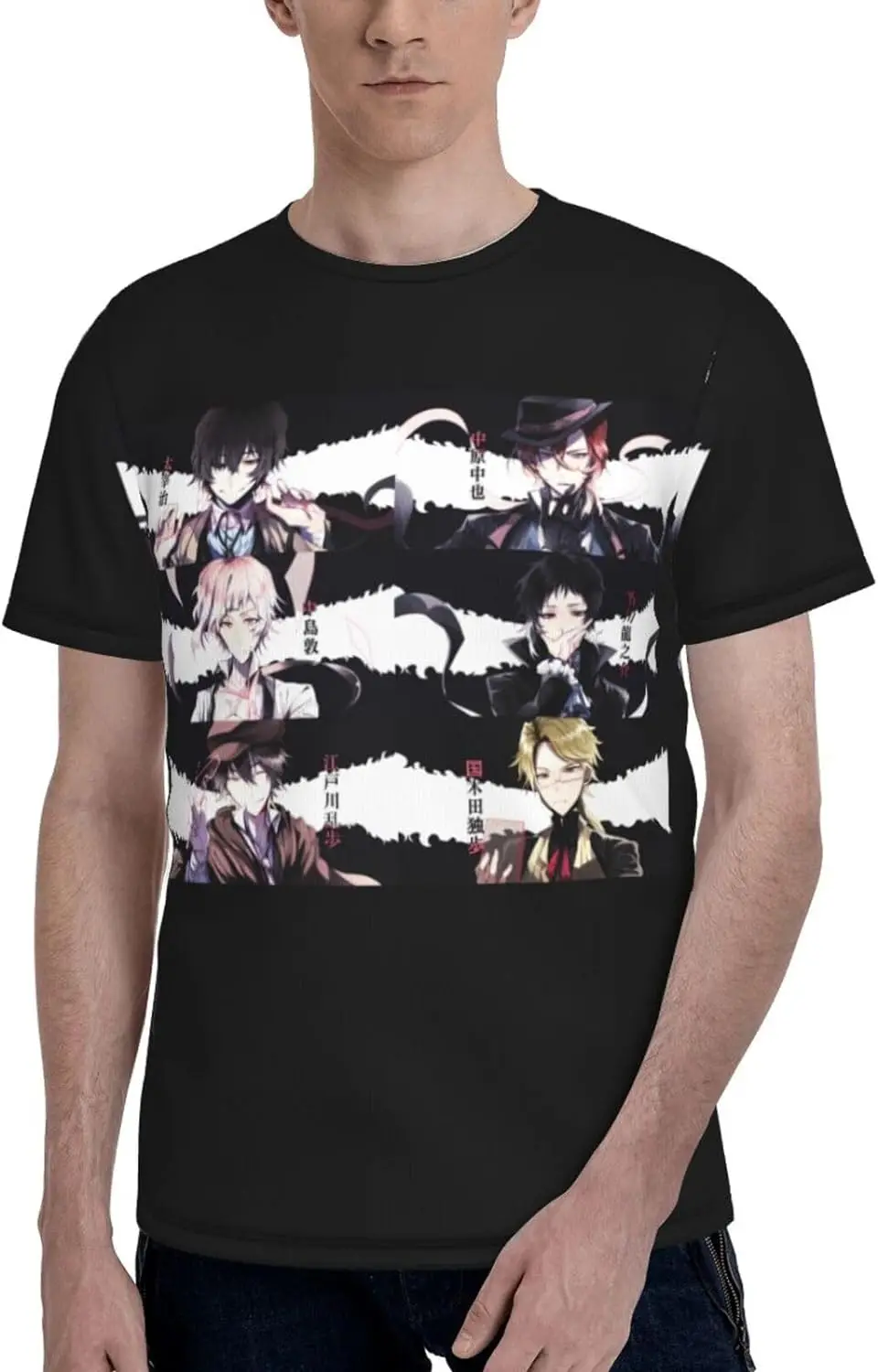 

Bungo Anime Stray Dogs Shirt Men's Polyester Crew Neck Short Sleeve T-Shirt Double Sided Full Print Sweatshirt Tops Black