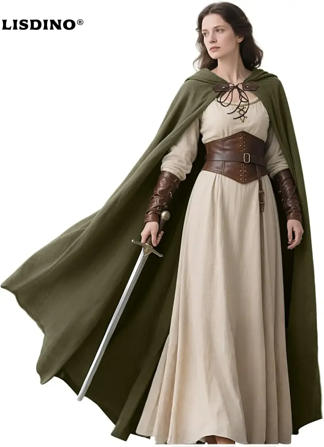 

1L'VOW Medieval Hooded Cloak Linen Renaissance Cape with Hood - Halloween Hobbit Cosplay Witch Wizard LARP