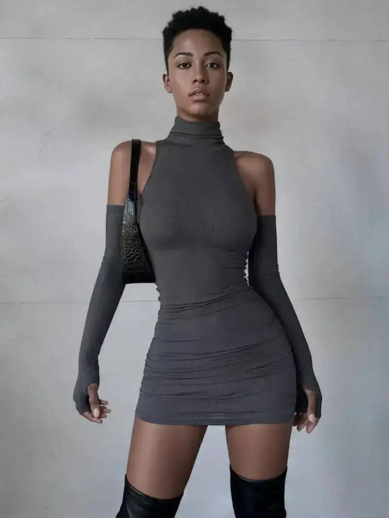 Figurbetontes Kleid für Damen, Rollkragen-Minikleider mit Ärmeln, Herbst, schwarz, schmal geschnitten, dehnbar, Party-Kleider, modische Y2K-Kleidung, OGJ8