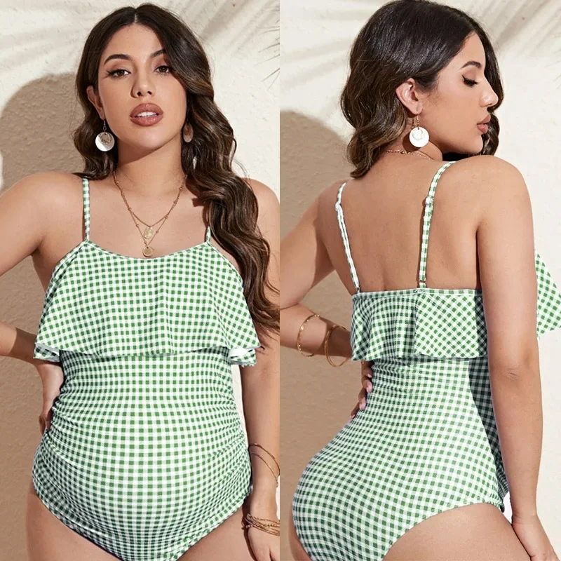 2024 New Summer Bikini Beach Sexy Maternity Women Ruffle Backless Plaid Swimwears One Piece Push Up Swim Female Swimsuits