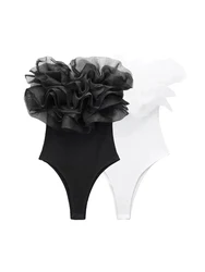 TRAF moda damska z organzy wzburzyć ściągacze dzianinowe body Vintage prosty dekolt odsłonięte ramiona kobiece kombinezony Mujer