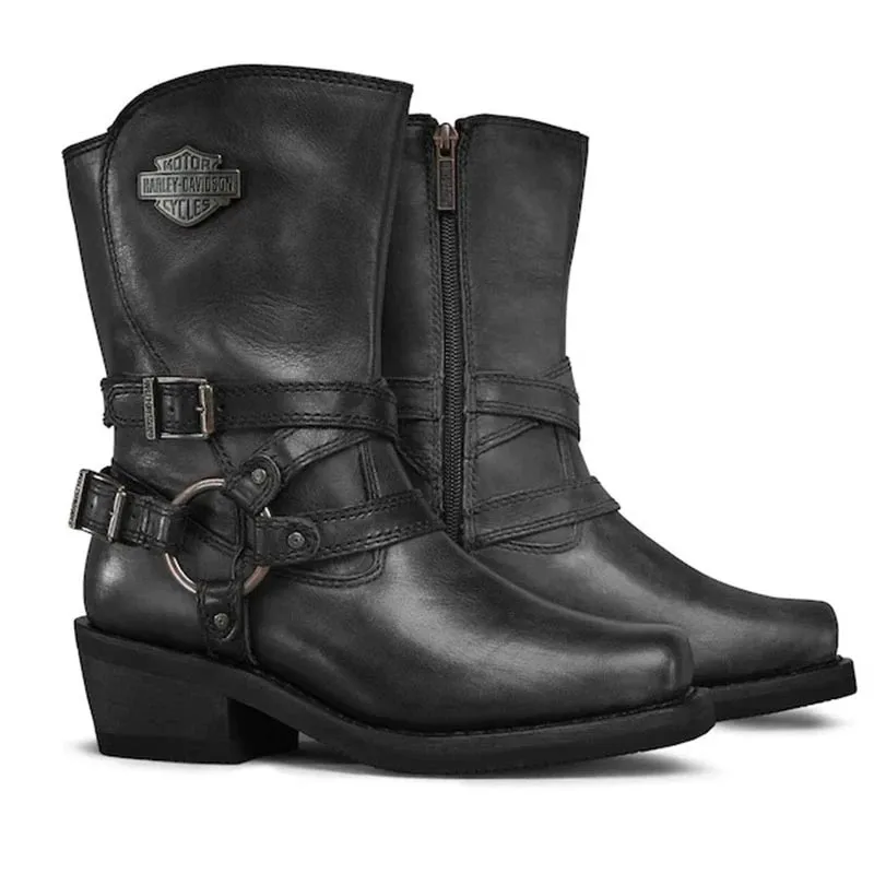 

Men's Black Leather Motorcycle Boots Double Buckle Straps Side Zipper Mid-Calf Design for Casual Daily Biker Fashion Footwear