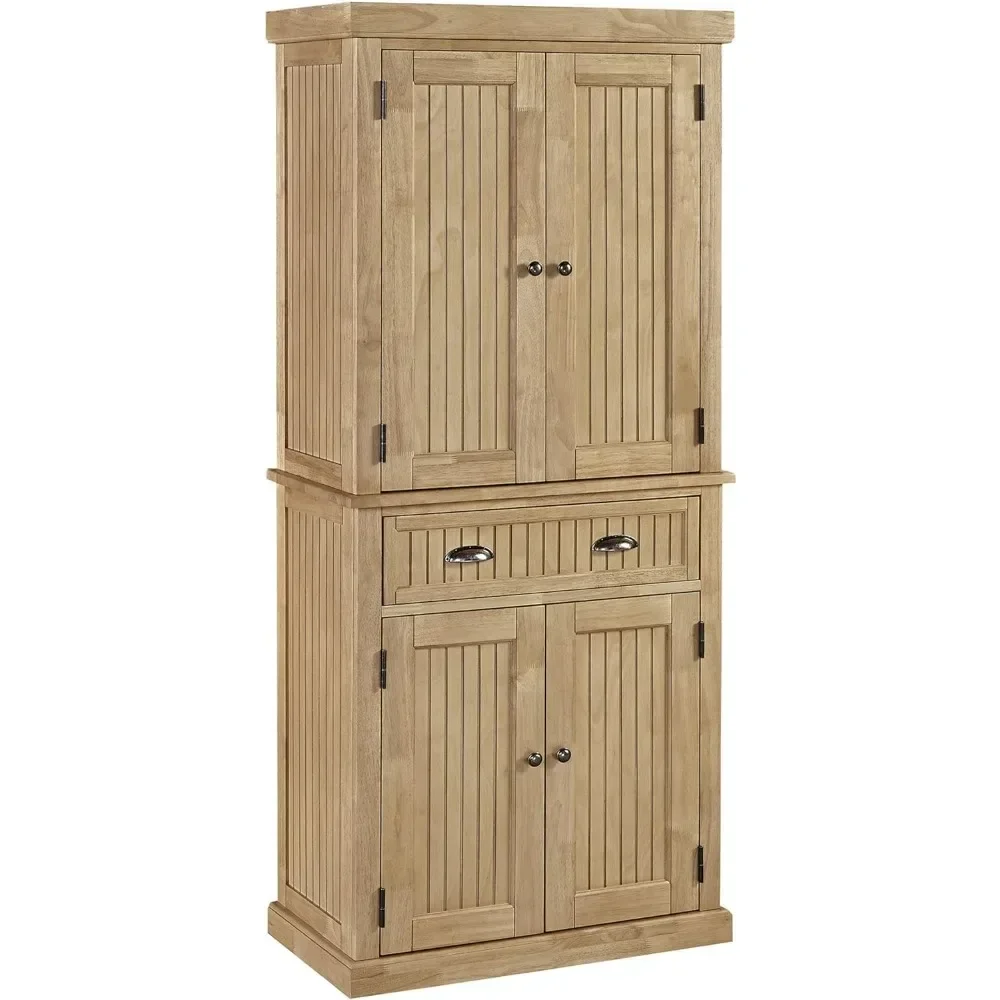 Nantucket Storage Cabinet Kitchen Pantry with Drawers and Adjustable Shelves, 71.5 Inch Height, Natural Brown Maple Finish