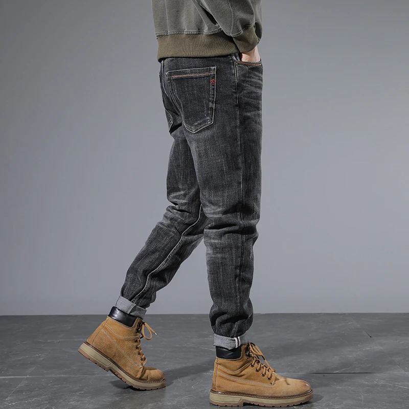 High-end smoky gray hole men's straight jeans American heavy wash frayed tapered small leg pants