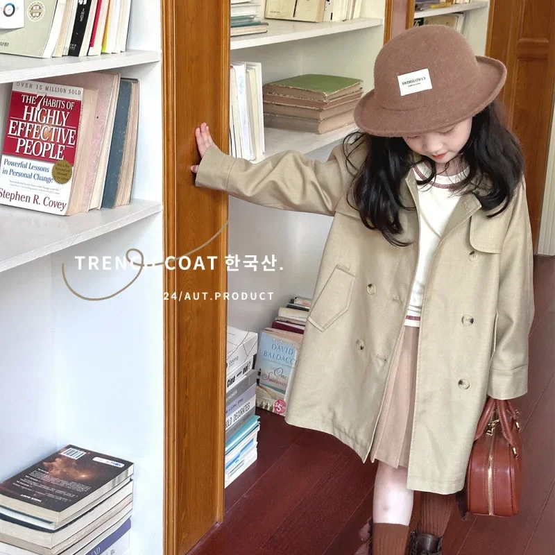 

Girls Coat 2024 Autumn New Childrens Clothing Baby Girls Design Sense Disposition Long Trench Coat Casual Simple Daily