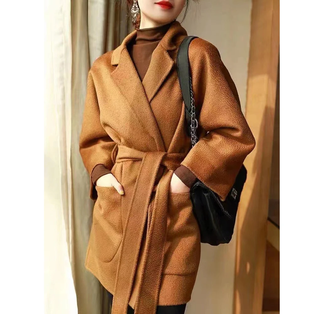 

2024 new 100% pure wool water ripple coat double-sided woolen coats lace-up middle length for autumn winter with belt jacket