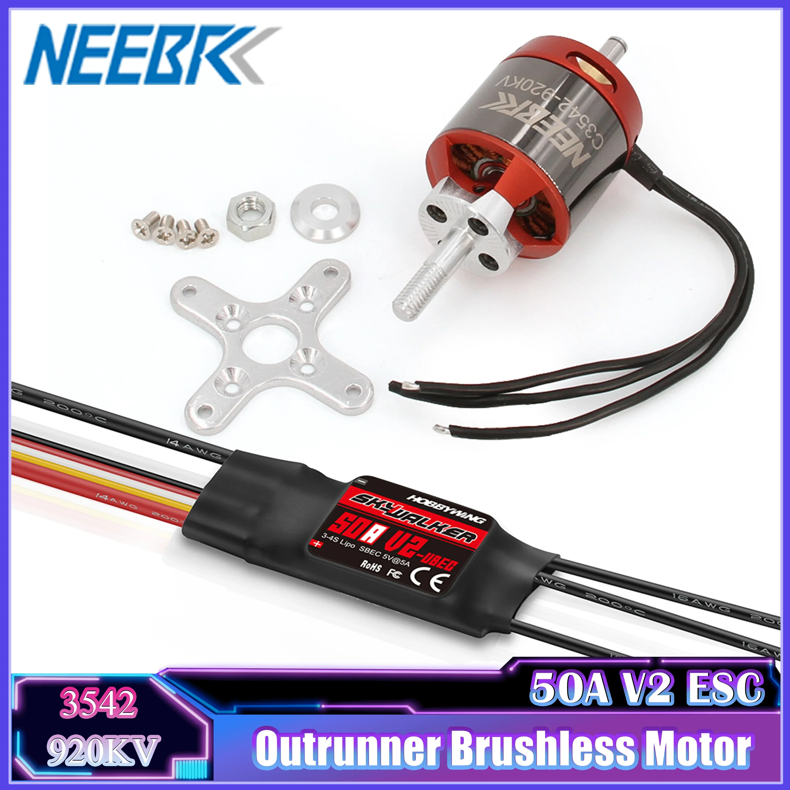 

NEEBRC 3542 920KV 1400kv 2-4S Brushless Motor with Hobbywing 50A ESC for RC FPV Fixed Wing Glide Drone Plane Aircraft Warbirds