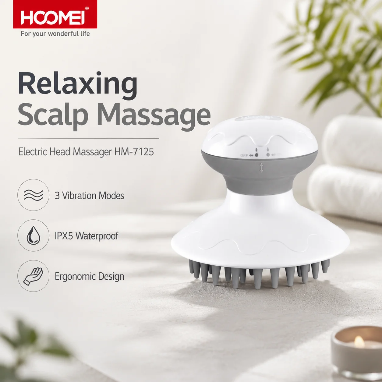 Masseur électrique pour la tête HOOMEI, appareil de massage du cuir chevelu, étanche IPX5 avec 3 modes de vibration, outil de massage manuel pour soulager le stress, soin des cheveux et du cuir chevelu, alimenté par batterie