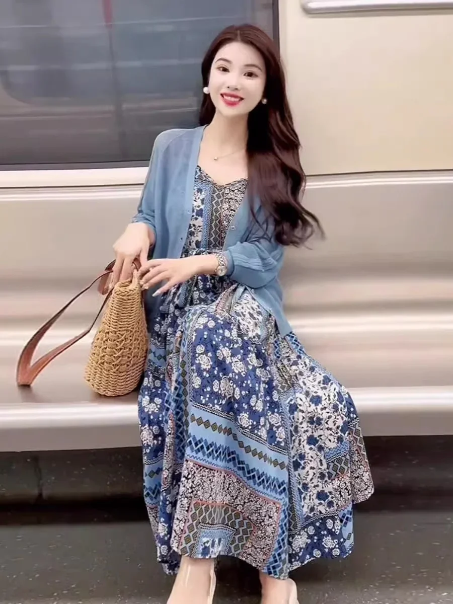 Fashionable Knitted Open Cardigan Top And Floral Halter Dress Two Piece Set Autumn New Arrival Women's Clothing Ensemble