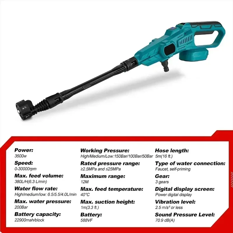 200Bar 3500W 3Gears Brushless Electric High Pressure Washer Cordless Car Washing Gun Water Gun for Makita 18V Battery