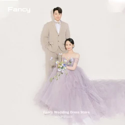 Fancy Elegant Light Purple A Line Wedding Dress Korea PhotoShoot Off Shoulder Short Sleeve Tulle Bridal Gown customized