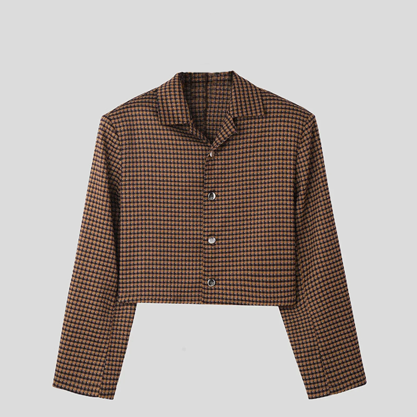 Men's Fall Cropped Jacket Houndstooth Pattern Long Sleeve Lapel Button Down Coats Outwear