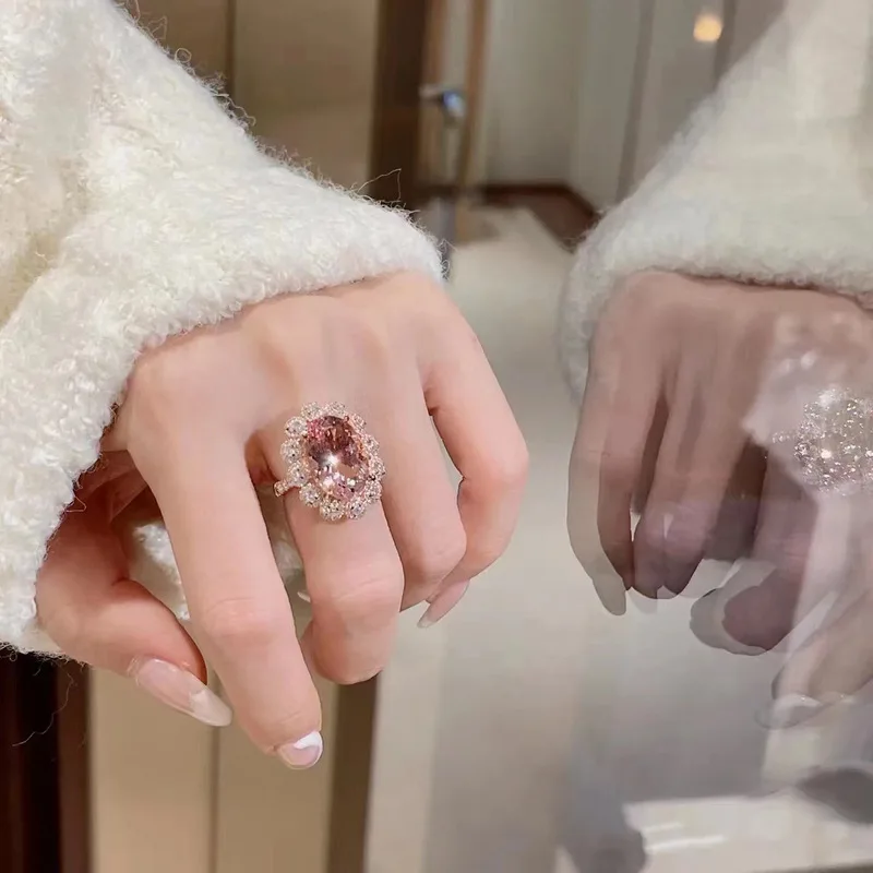 925 sterling silver sparkling high-end light luxury high carbon powder diamond cut ring, new trendy women's fashion jewelry