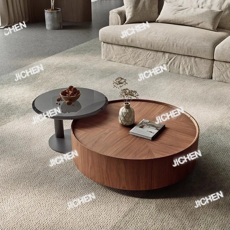 

Несколько комплектов современной роскошной мебели для гостиной: круглые деревянные журнальные столики.