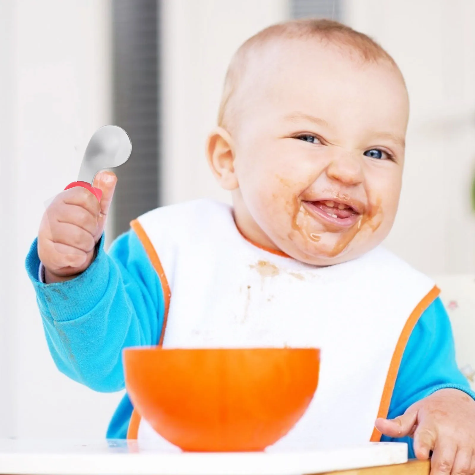 

Набор из 1 предмета: ложка и вилка для кормления младенцев, премиум-класс, из нержавеющей стали и силикона, нескользящие, с короткой ручкой, для обучения самостоятельному приему пищи