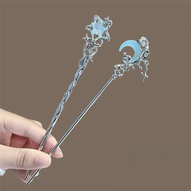 Romantic Moonstone Star Moon Hair Stick Metal Branch Hairpin HairFork Chinese Style Hair Accessories for Girls Hair Jewelry