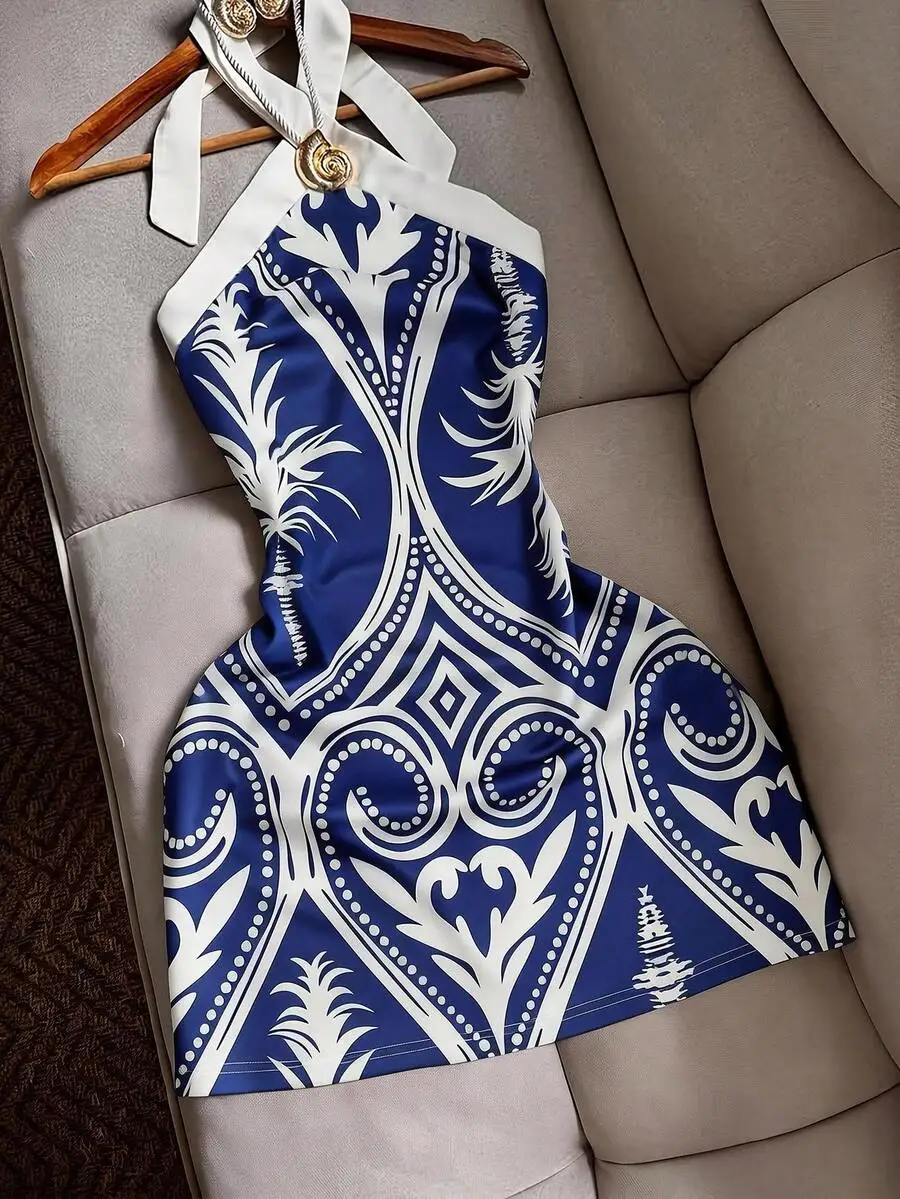

Sexy Fitted Halter Tie Waist Printed Mini Dress For Women Beach Vacation Casual