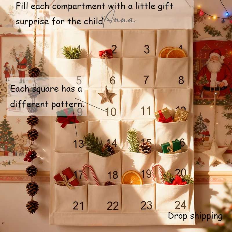 

Reusable Custom Christmas Ornament Fabric Advent Calendar Wall Hanging with 24 Pockets for Kids And Family Christmas Countdown