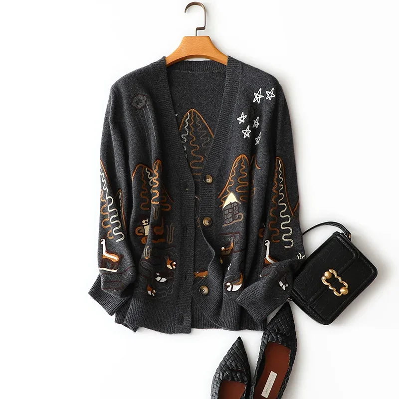 autumn winter new style woman cashmere wool cardigan v neck long sleeve embroidery fashion short coat