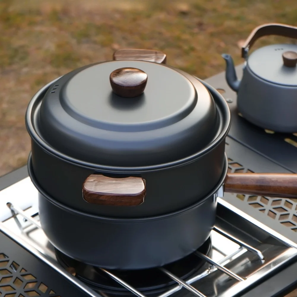 Juego de ollas de cocina para acampar de 3L, olla caliente y vaporera de aleación de aluminio con tapa para pícnic al aire libre, equipo de utensilios de cocina