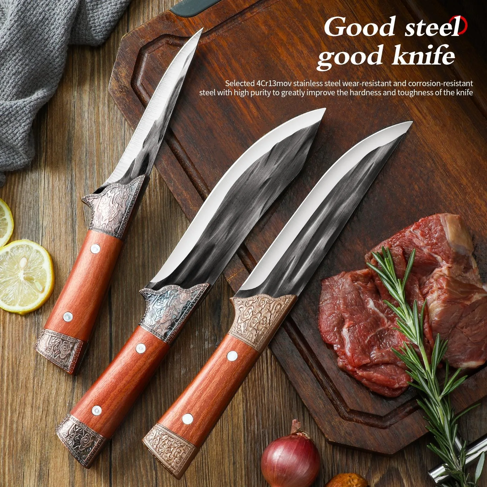 Large bone-removing knife with leather sheath,bleeding knife,butcher knife,high-hardness meat cleaver,fixed-blade skinning knife