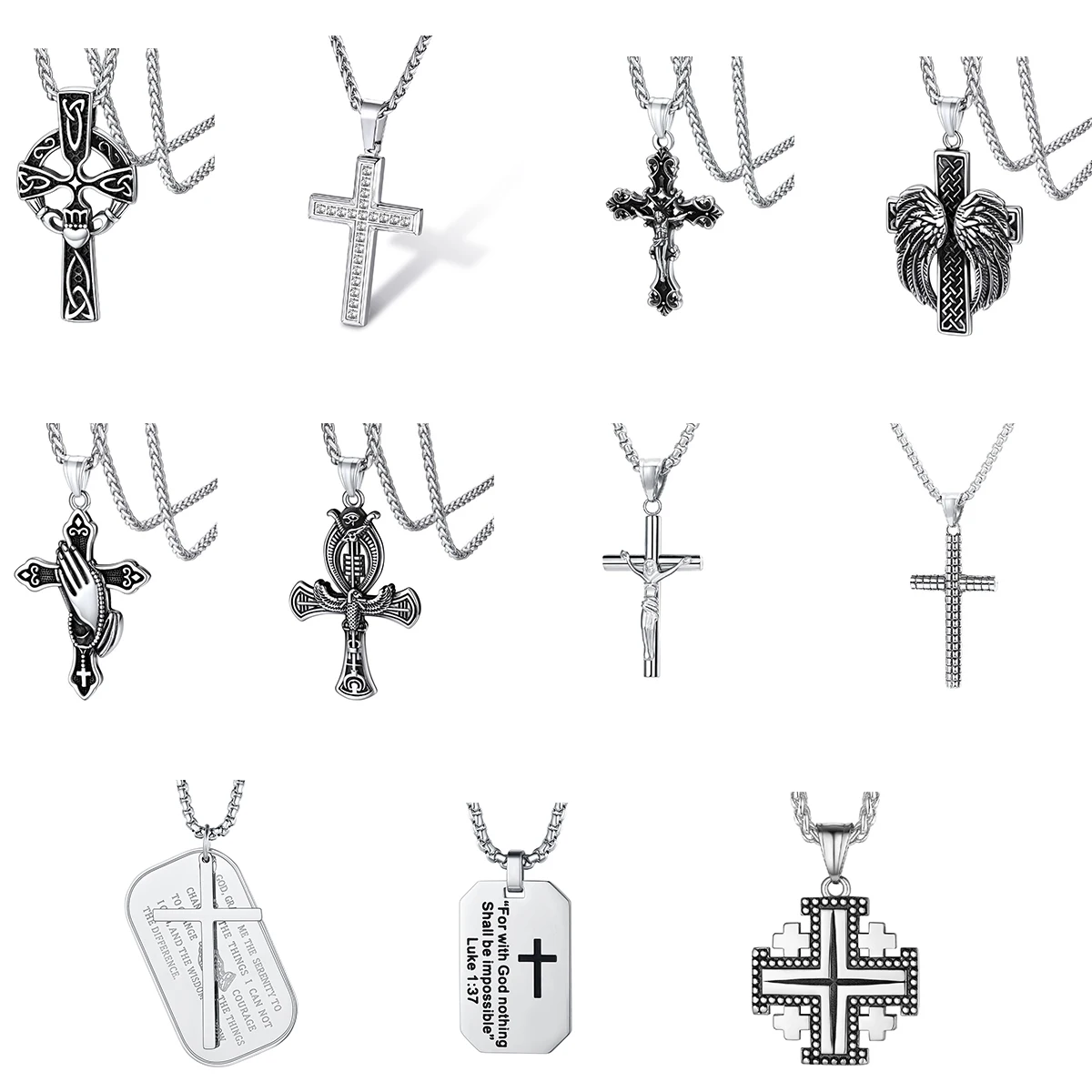 Collares cruzados de acero inoxidable U7, alas de mano de oración de Jesús, etiqueta grabada en la Biblia, abalorio de cruz CZ, joyería religiosa Unisex