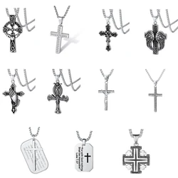 U7 Stainless Steel Cross Necklaces Jesus Prayer Hand Wings Bible Engraved Tag CZ Cross Charm Religious Unisex Jewelry Clearance