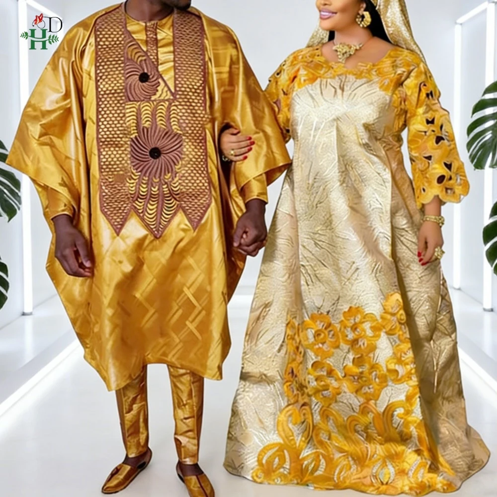 

African Dresses For Couple Gold Matching Woman Man Traditional Bazin Riche Embroidery Outfit Turkey Dress Wedding Party Dress