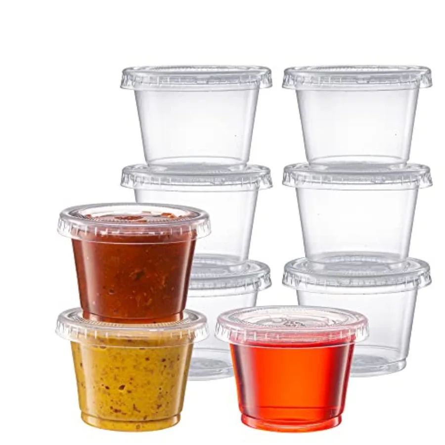 [1 oz. - 200 Count Clear Disposable Plastic Portion Cups with Lids - Small Plastic Condiment Containers for Sauce, Salad Dressi