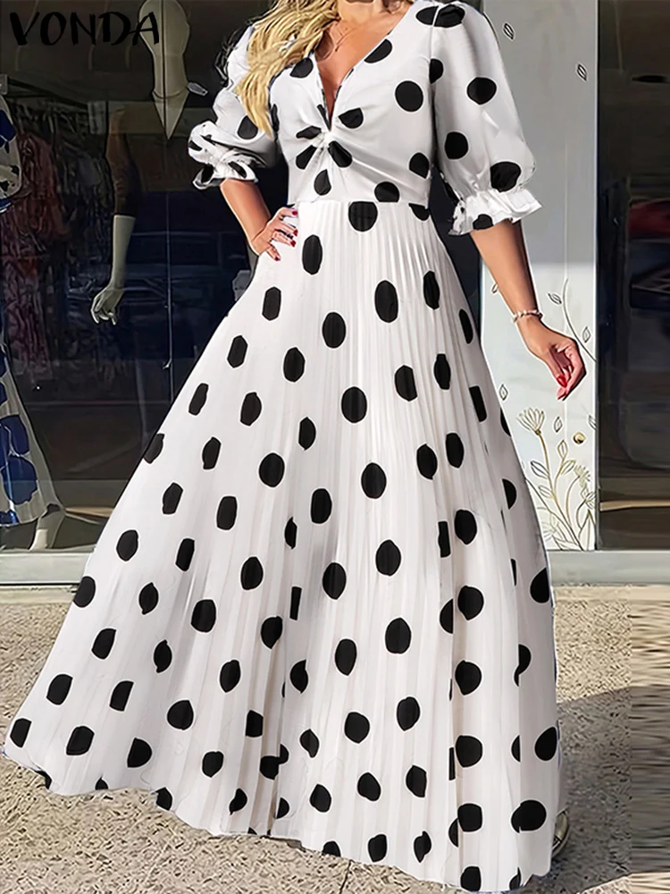 Plus Size VONDA Bohemian Dot Printing Dress Women Party Long Dresses Elegant Half Sleeve V-neck Sundress Sexy Ruffles Maxi Robes