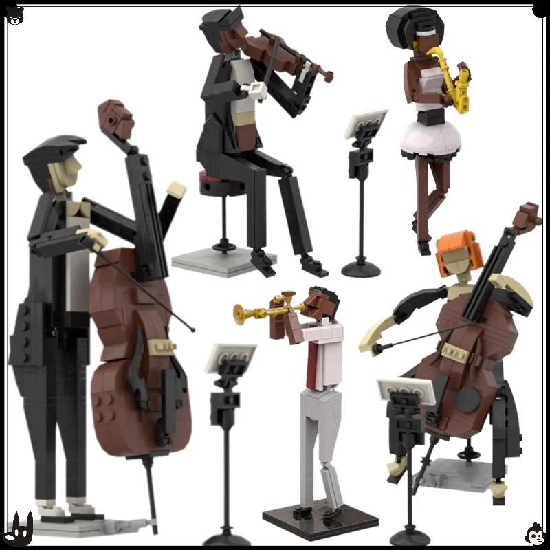 

MOC Creative City Band Скрипка Виолончель Труба Двойной бас Джаз Игровая сцена Музыка Пианист Фигурка Строительные блоки Модель Детская игрушка в подарок