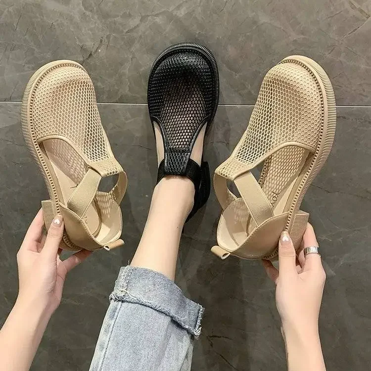 2023Closed Toe Sandals Black Shoes for Women  Summer Breathable Beige Medium Fashion New Flat Comfort Girls Outside Buckle