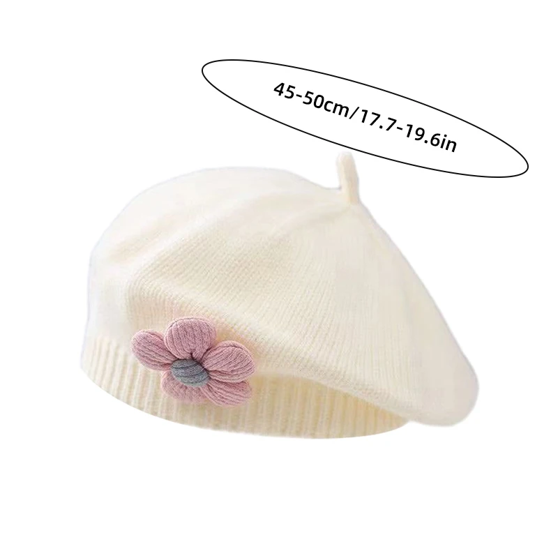 Kids Girl Knitted Hat Flower Beret Cute Flower Princess Artist Painter Cap Solid Color Crochet Hat Spring Warm Children Beanies