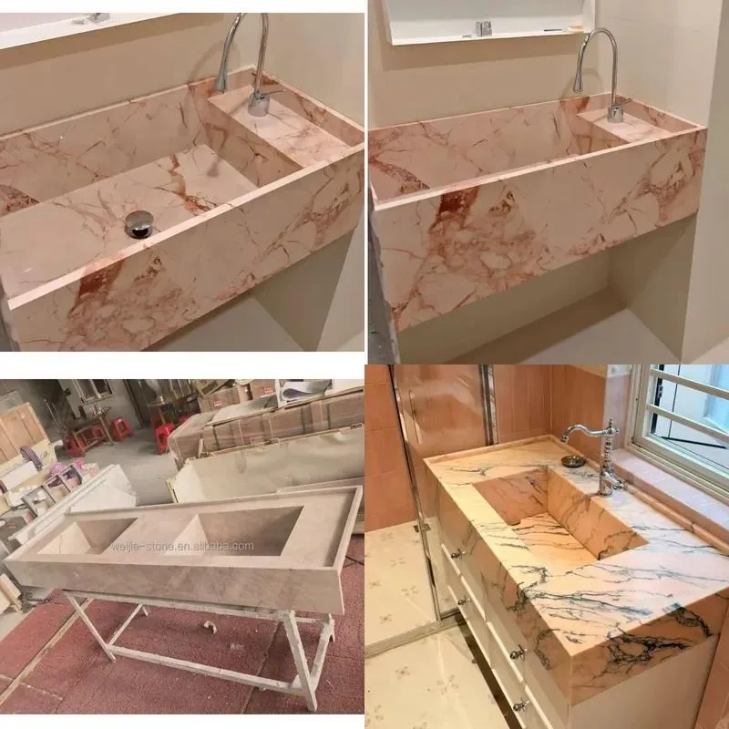 Wall Mounted Pink Marble Bathroom Sink Natural Stone Washbasin Single Basin Vessel for Modern Home Decor
