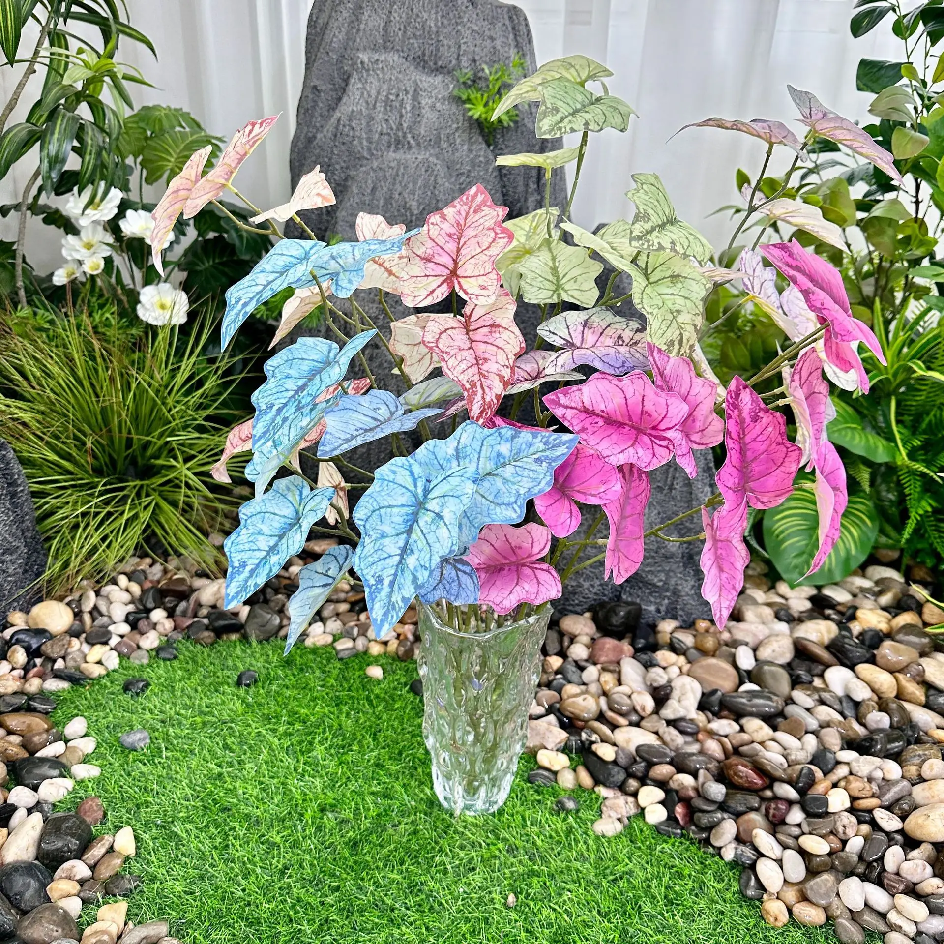 Feuilles de plantes artificielles avec longue tige, décor de vase de table de bureau à domicile, vraie touche, feuilles de plantes artificielles colorées, présentoir de fenêtre