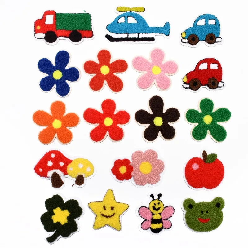 50pcs/Lot Sew-on Towel Chenille Embroidery Patch Clothing Decoration Black Flower Fruit  Bear Bee Airplane Truck Craft Applique